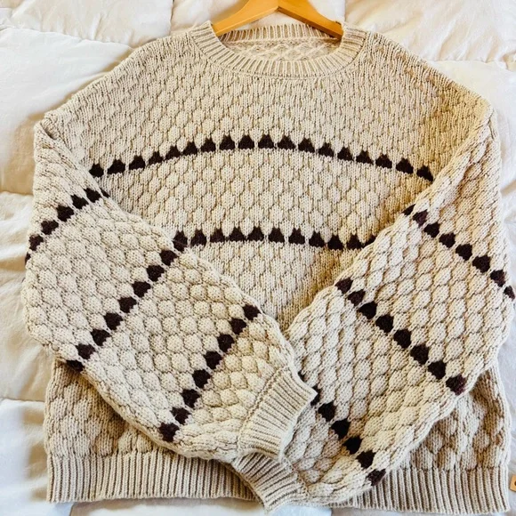 Chunky knit Cream and Brown eclectic grandpa sweater Crew Scoop